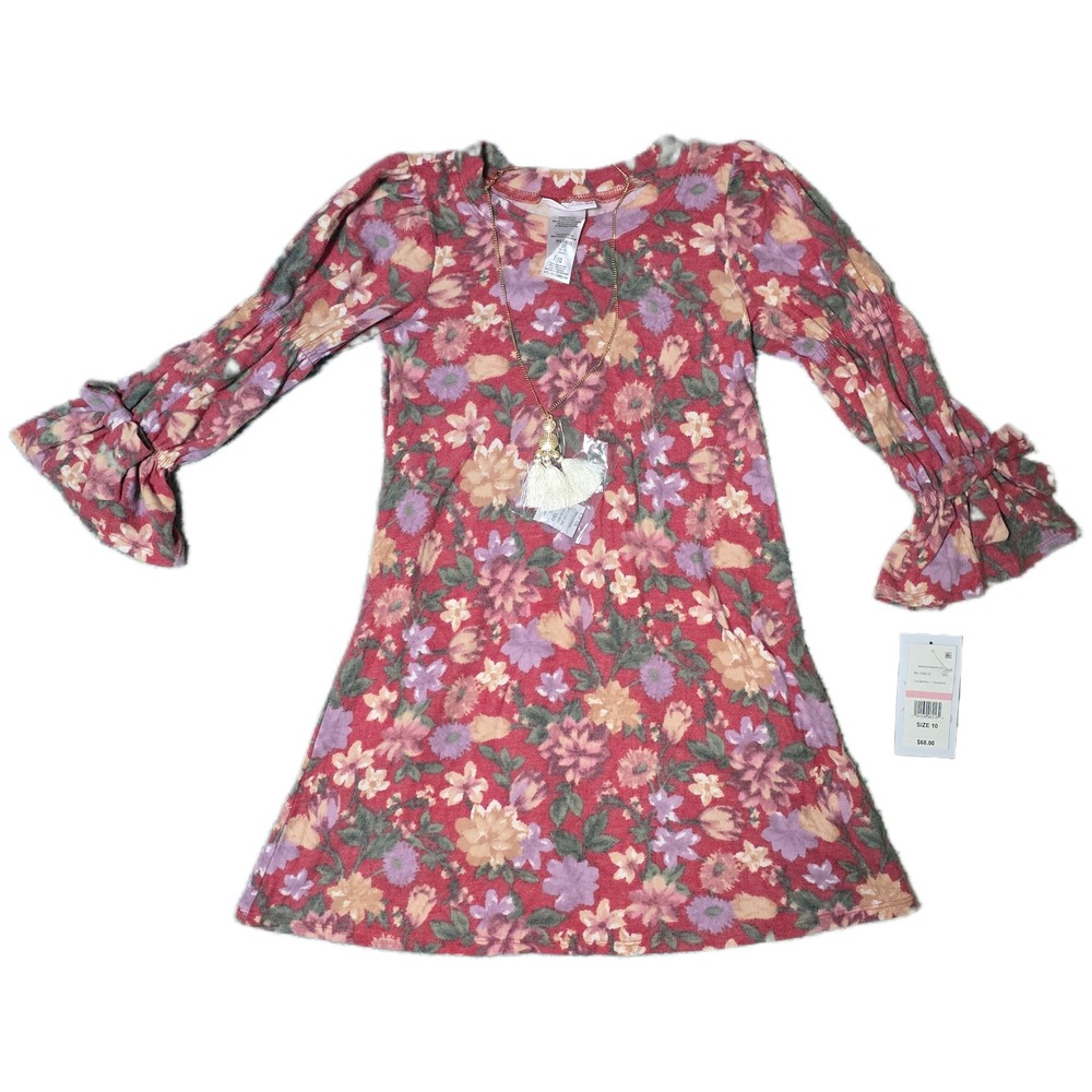 Bonnie Jean Girls Size 10 Floral Print Long Sleeve‎ Dress with Necklace